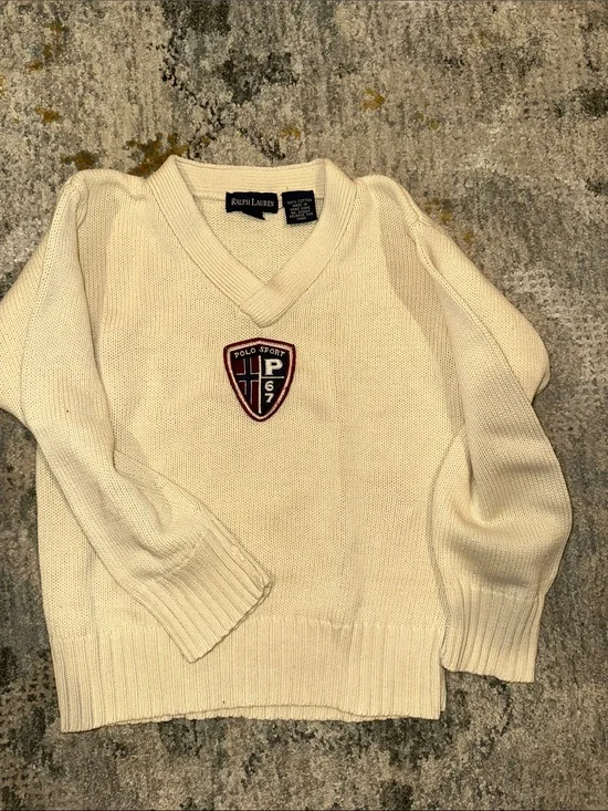 Ralph Lauren Cream V-Neck Polo Sport Crest Sweater :Classic sweater