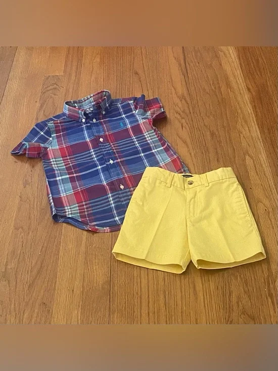 Ralph Lauren Plaid Short-Sleeve Shirt and Abrasion Twill Yellow Shorts Boys Set