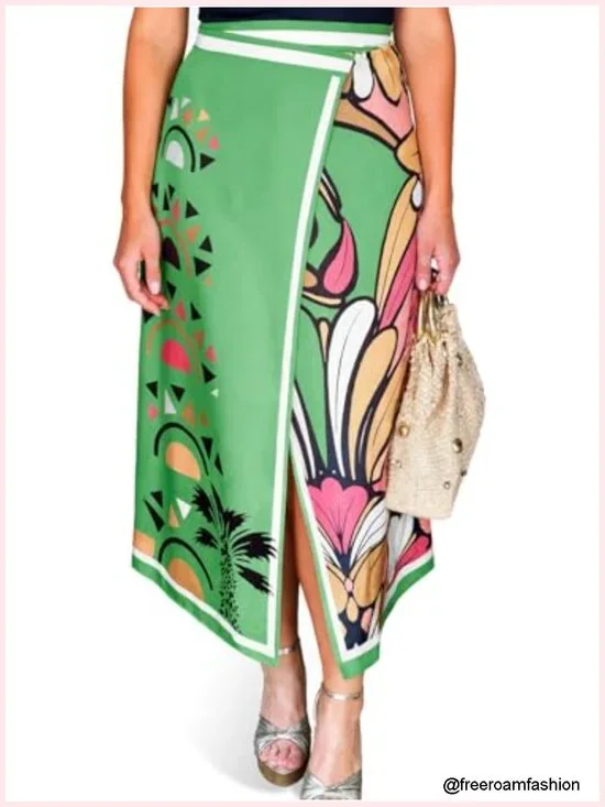Floral Wrap Maxi Skirt Boho Elastic High Waisted Side Zipper A Line Midi