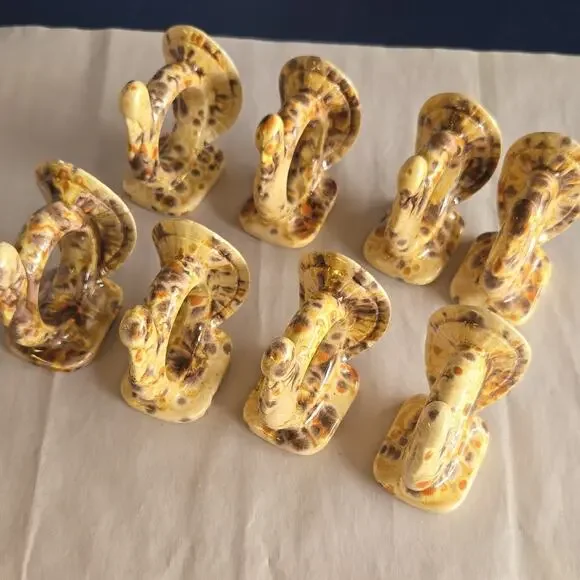 Hand Painted Speckled Ceramic Giraffe Napkin Rings Beige Brown Set of 8