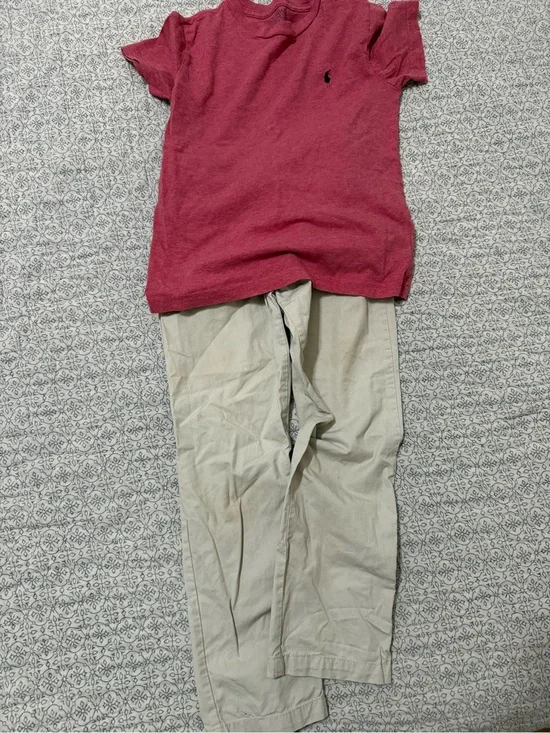 Ralph Lauren Berry Red Tee with Light Khaki Pants