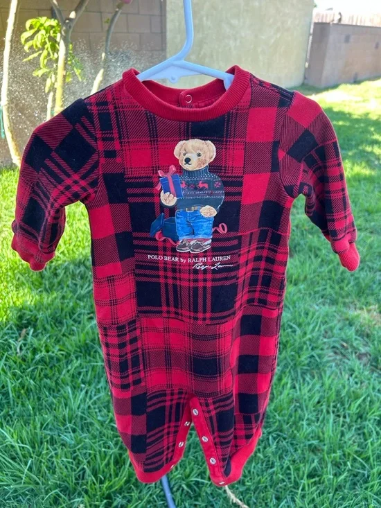 Ralph Lauren Red and Black Plaid Baby Romper with Polo Bear