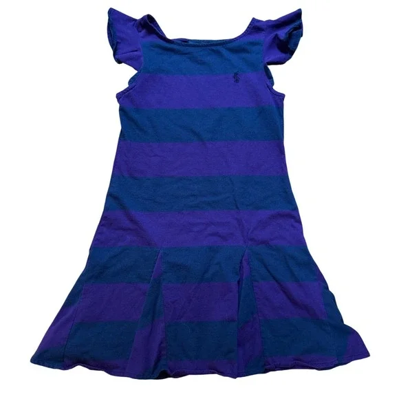 Ralph Lauren Striped Dress Girls‎ Purple Excellent Flutter Sleeve SIZE M (8-10)