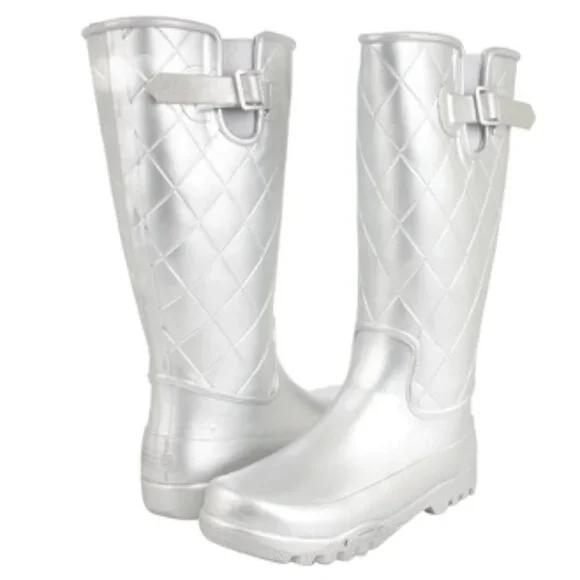 Sperry Pelican Tall Quilted Rain Boots Silver Metallic Size 6 Rainboots Wellies
