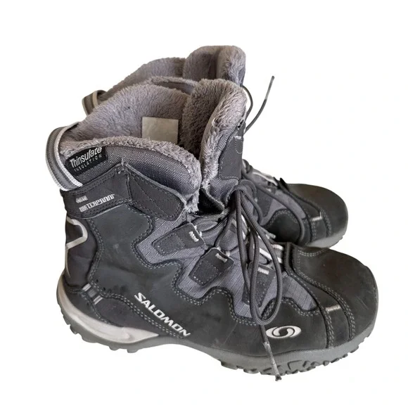 Salomon Winter Boots Women Size 6.5 Grey Waterproof Thinsulate ‎ Insulated Fur