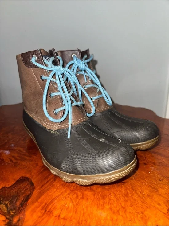 Sperry Brown and Black Duck Boots with Light Blue Laces