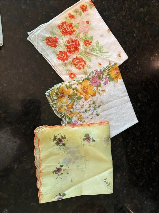 Set of 3 Vintage Floral Handkerchiefs - Orange, Yellow, Green