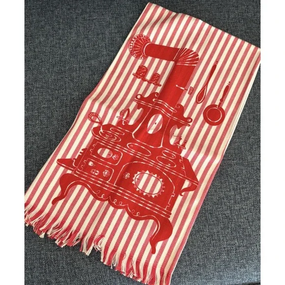 Vintage NOS kitchen tea towel red white stripes old fashioned stove design 1960s