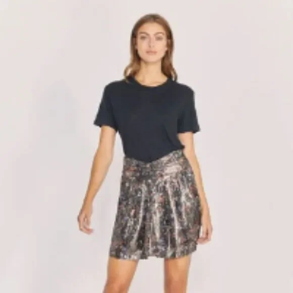 NEW IRO Black Multicolor Maziar Metallic Printed Silk Blend Mini Skirt Size 4