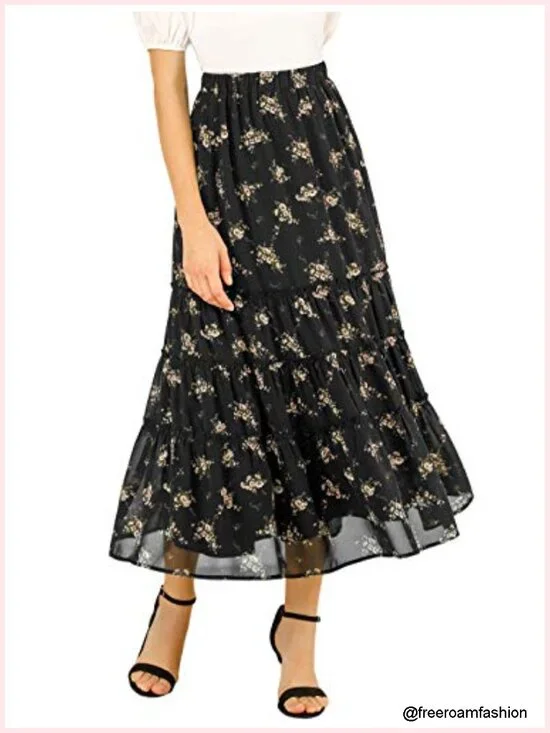 Chiffon A-Line Long Tiered Ruffle Boho Maxi Skirt