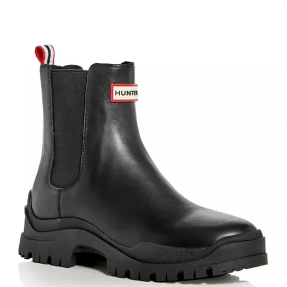 Hunter Black Leather Chelsea Rain Boot with Red Trim
