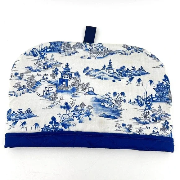 Blue Willow Blue White Chinoiserie Toile Tea Cozy Quilted Asian Landscape Pagoda