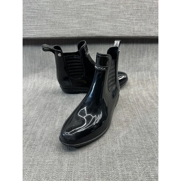 Nautica‎ Cliff Port Womens US 9 Rain Boot Black Rubber Ankle Pull On Cuban Heel