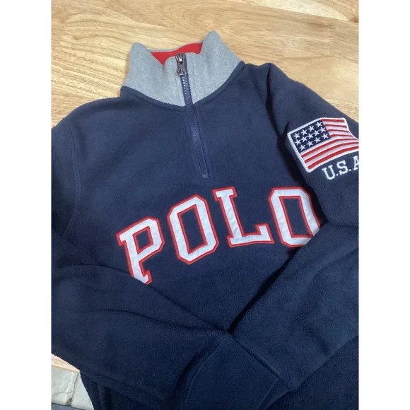 Boys Polo Ralph Lauren U.S.A.‎ Flag Large Print 1/4 Zip Pullover Medium (10-12)