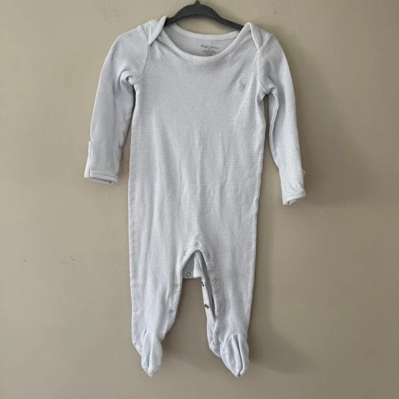 Ralph Lauren Baby Boy Blue White Striped Footed Sleeper Coverall 6M Pony Logo