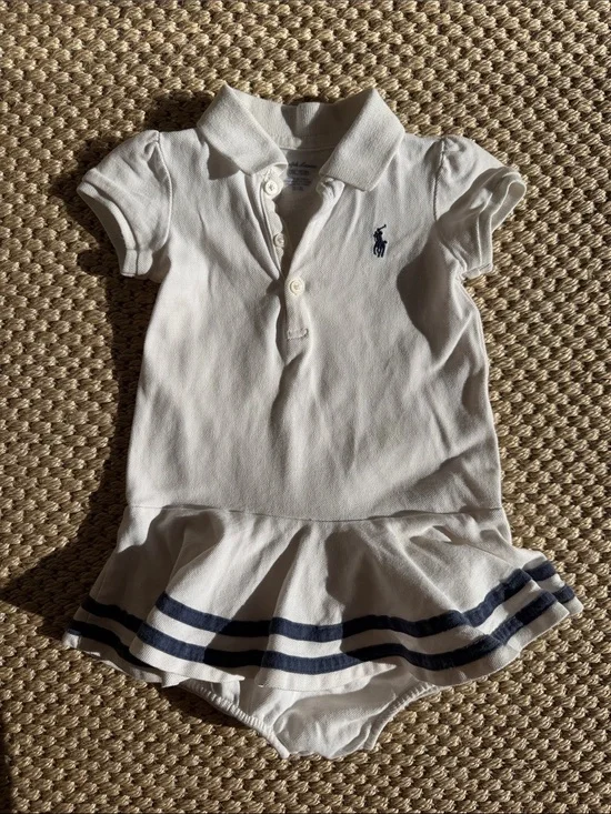 Ralph Lauren White Polo Dress with Navy Stripe Skirt - Toddler size 9 months