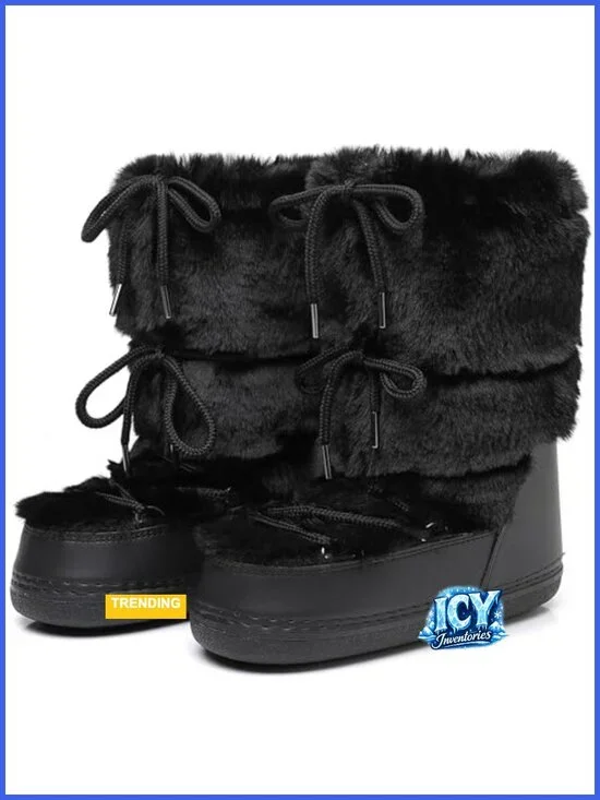 Women's Faux Fur Snow Boots - Water Resistant Anti-Slip Mid-Calf Lace-Up Winter