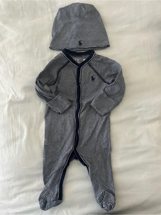 Ralph Lauren Baby Boy Striped Footie and Hat Set Navy Blue Stripes 3M