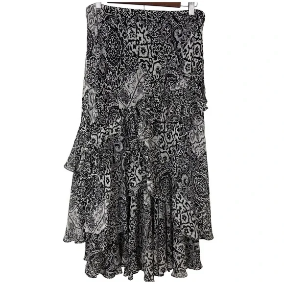 Lauren Ralph Lauren Silk Black‎ Beige Skirt Flowy Dark Fairy Tiered Vintage Sz M
