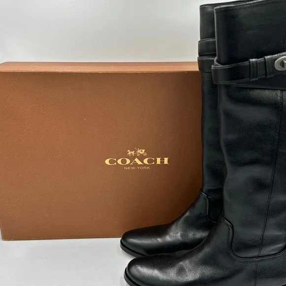 Coach Linette Calf Leather Riding Boots buckle‎ strap Black 5.5B NIB with Box