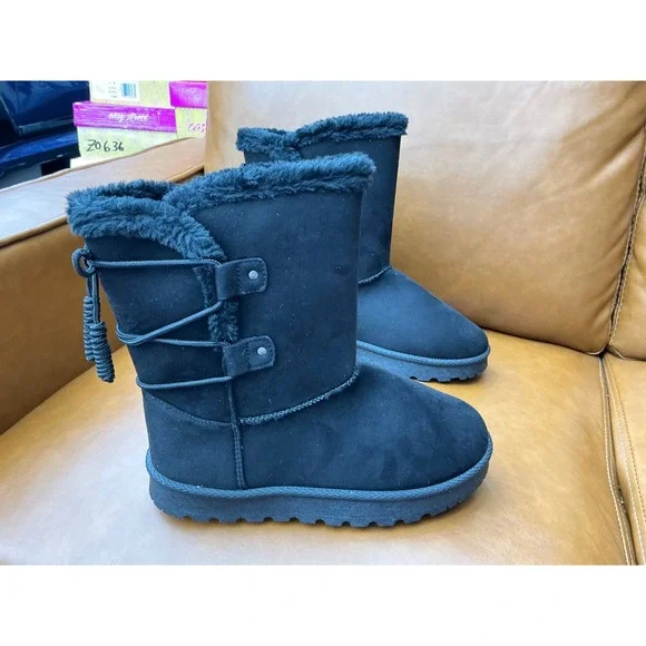 Pop Melodius Winter Boots Womens 7 Black Faux Fur Suede Sidelace