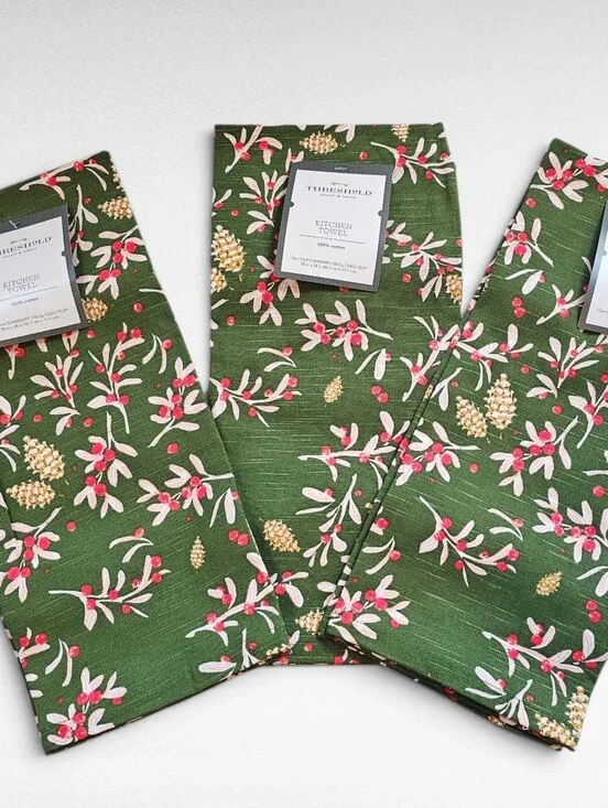 Threshold 3 Pack Cotton Kitchen Towel Green With Winter Berries