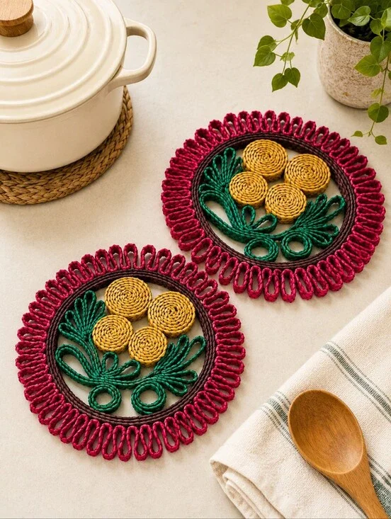 Boho Floral Woven Trivets Set of 2 Handmade Hot Pads Bohemian Kitchen Decor