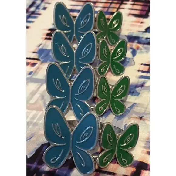 Set Of 4 Enamel Blue/Green Butterfly‎ Napkin Rings Holder Silver Metal