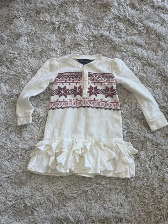 Ralph Lauren Cream Long-Sleeve Fair Isle Ruffle Dress