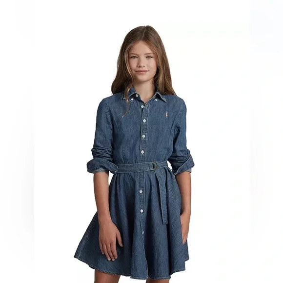 Ralph Lauren Girls Belted Denim Cotton Shirtdress