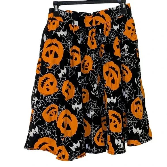 Halloween Pumpkin‎ Spiderweb Bat Print Skirt Black Orange Novelty Women Medium