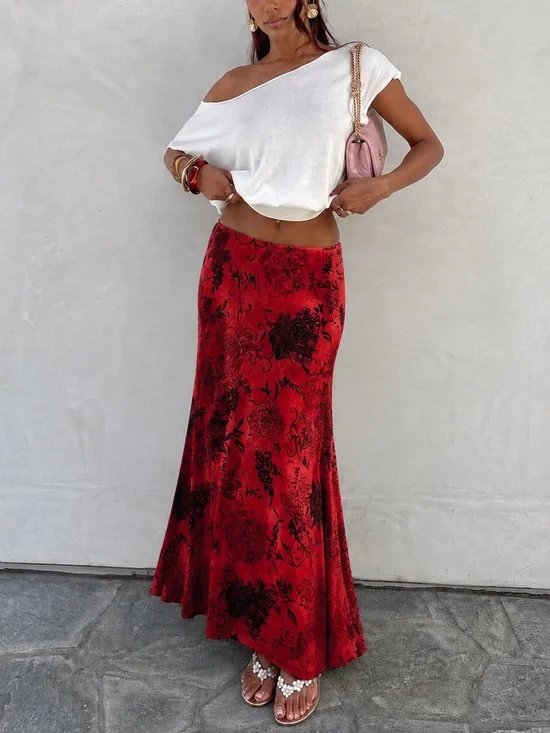 Vintage Y2K Chico’s Travelers Cherry Red Slinky Floral Maxi Skirt S M