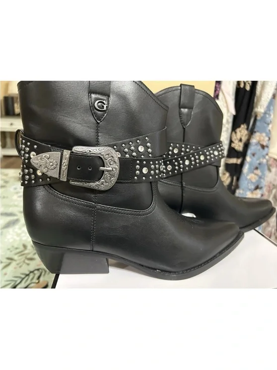 Guess Black Studded Western Ankle Boots with Silver Buckle