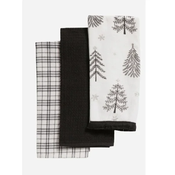 The Farm House by Rachel Ashwell Xmas Towels Black White Trees‎ Snowflake NEW