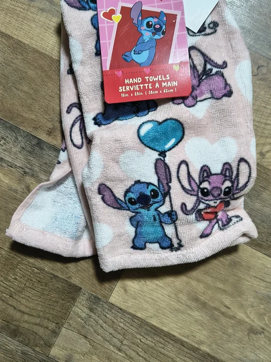 Disney Pink Hand Towel with Blue Stitch and Purple Angel Design