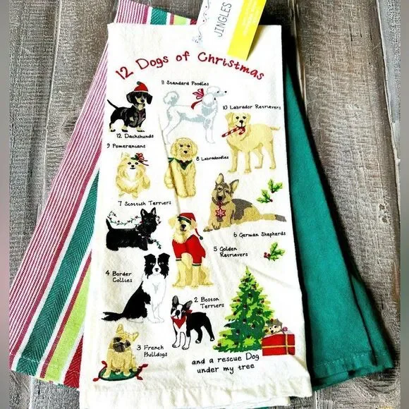 12 Dogs of Christmas Holiday Kitchen Dish Towels Set
