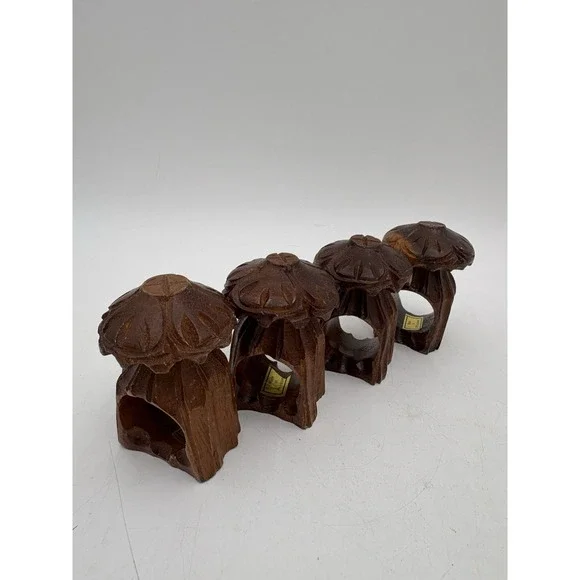 Set of‎ 4 Hand Carved Wooden Mushroom Napkin Rings 4