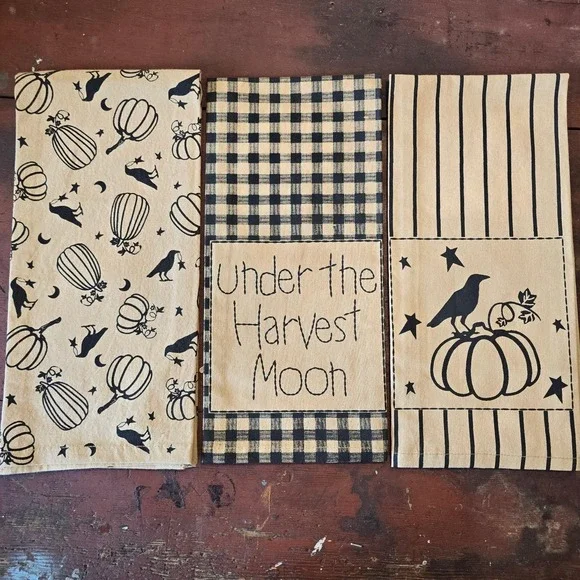 VHC‎ Brands Primitive Harvest Moon Kitchen Towel Set 3pc Black Tan NEW