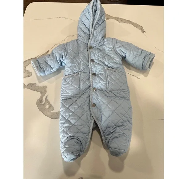 Ralph Lauren Baby Boys Light Blue Quilted Hooded Bunting Suit 3M Fleece Lined