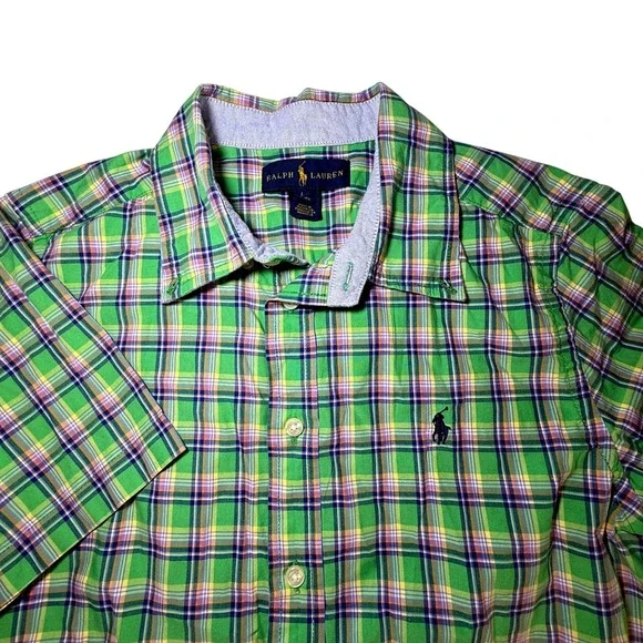 Boys Ralph Lauren Plaid Button Down Shirt Green‎ Yellow Blue Size L