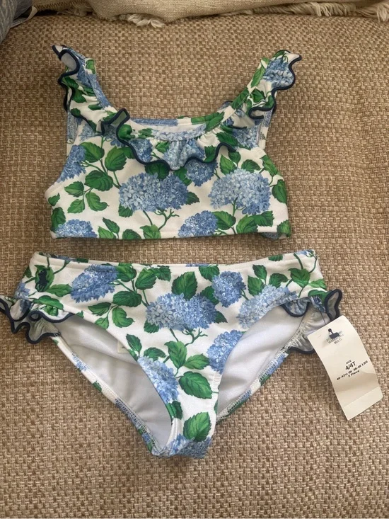 Polo Ralph Lauren White Floral Hydrangea Print Top with Green Leaves 4T