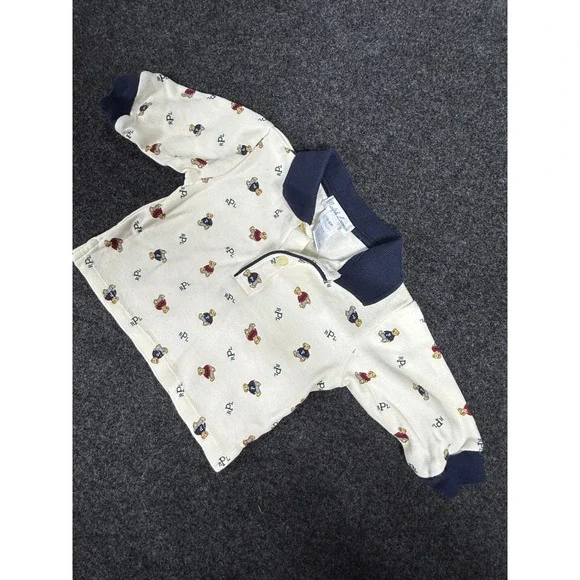 Ralph Lauren Polo Shirt Baby Boys 3-6M Cream Navy Blue Polo Bear Long Sleeve