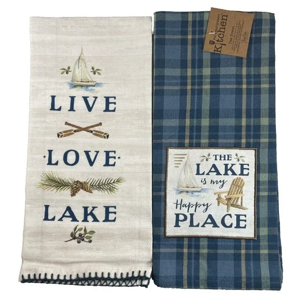 Kay Dee Designs Lake Camp Tea Towel Bundle Live Love Lake Happy Place Blue Plaid