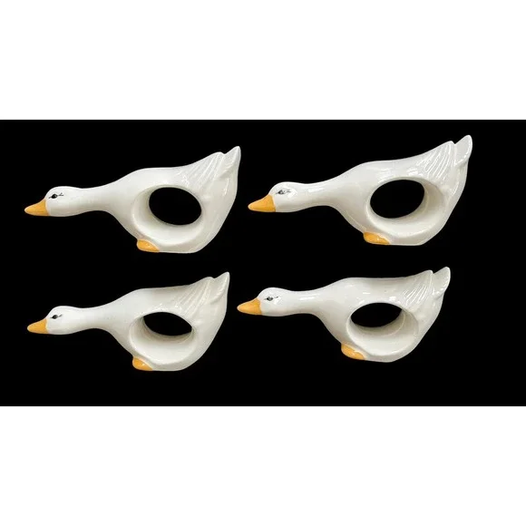 Set Of 4 Vintage Ceramic Geese/ Duck/ Swan White‎ Napkin Rings 4.5