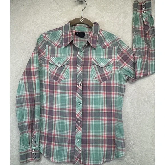 Ralph Lauren Pearl Snap Shirt Boys 16 Plaid Western Long Sleeve Multicolor