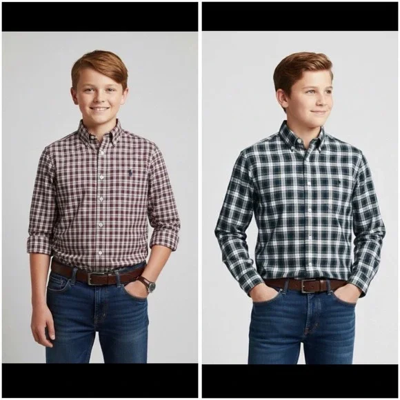 Lot Of 2 Ralph Lauren Boys‎ Large 14-16 Button-Down Plaid Red Blue Shirts Pony