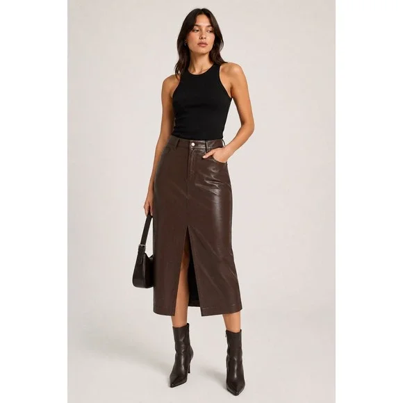 Express 12 Vegan Leather‎ Midi Skirt Brown Straight Front Slit