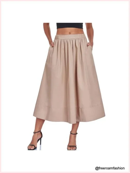 A-Line Midi Skirt Elastic High Waist Pleated Flowy Beach Long Skirt with Pocket
