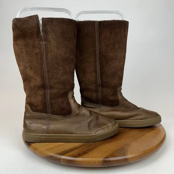 Womens Frye Gemma Tall Brown Suede Pull On Shearling Lined Boots‎ Size 7 M GUC