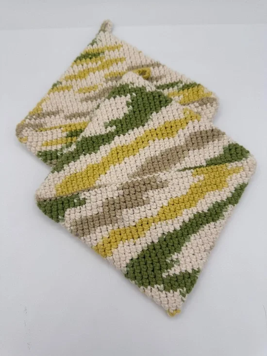 Handmade Crocheted Pot Holders in Cream, Olive Green & Mustard